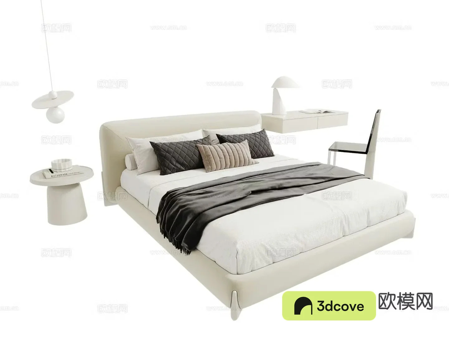 Cream style double bed floating desk