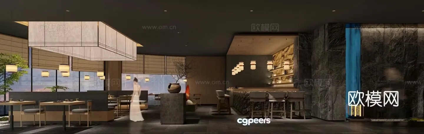 Japanese restaurant front desk booth four-seater water bar area 3D model