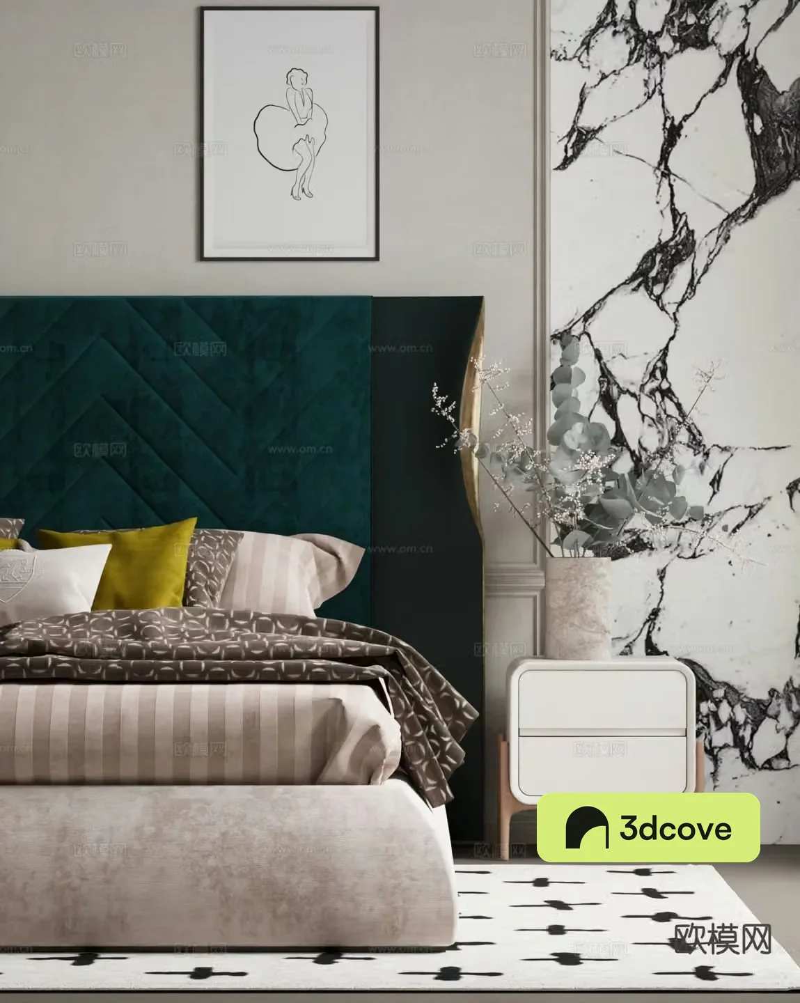 Modern bedside table realistic bedding