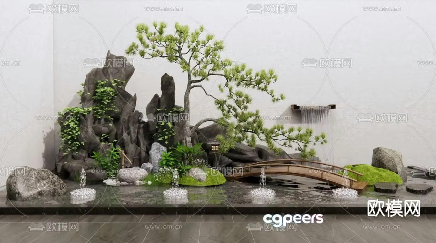 Rockery waterscape small bridge flowing water 3D model