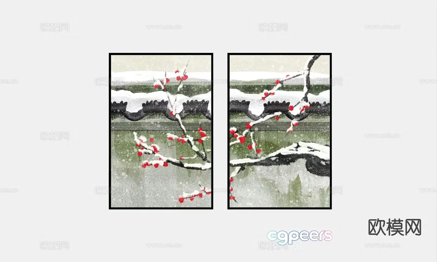Chinese combination painting snow scene painting decorative painting 3D model