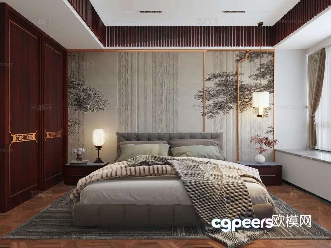 Chinese style mahogany master bedroom double bed background wall bedside table bay window 3d model