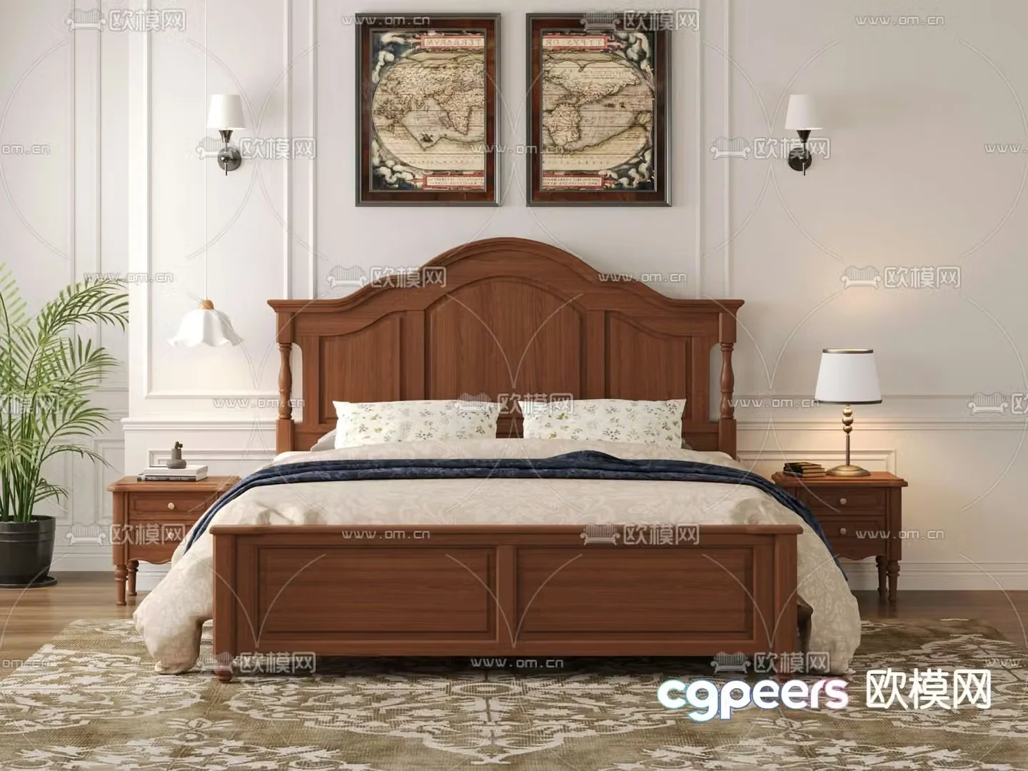 American mahogany double bed 3d model