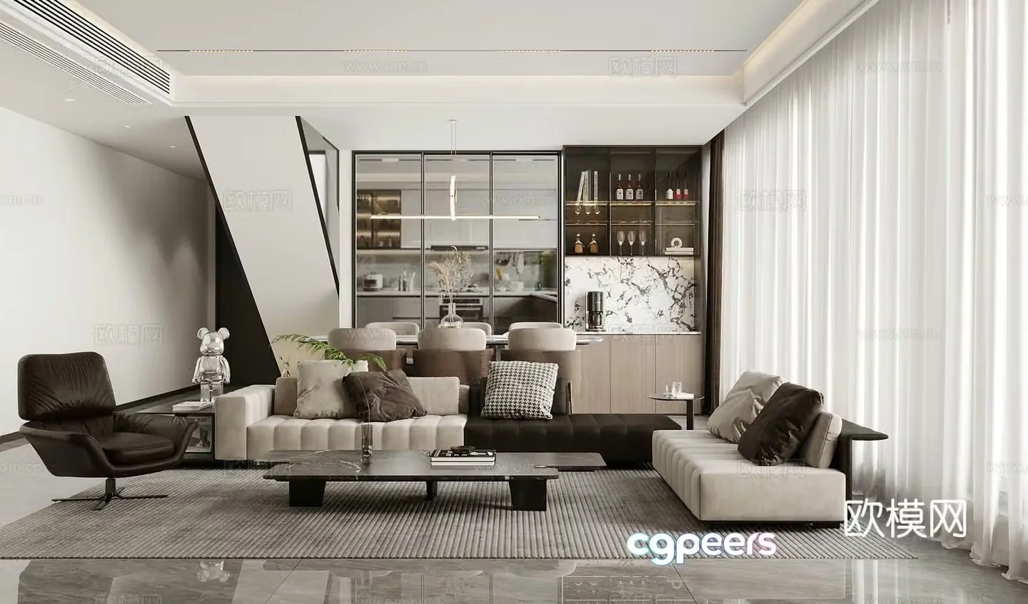 Modern living room light luxury living room Italian living room sofa coffee table combination leather multi-person sofa 3D model