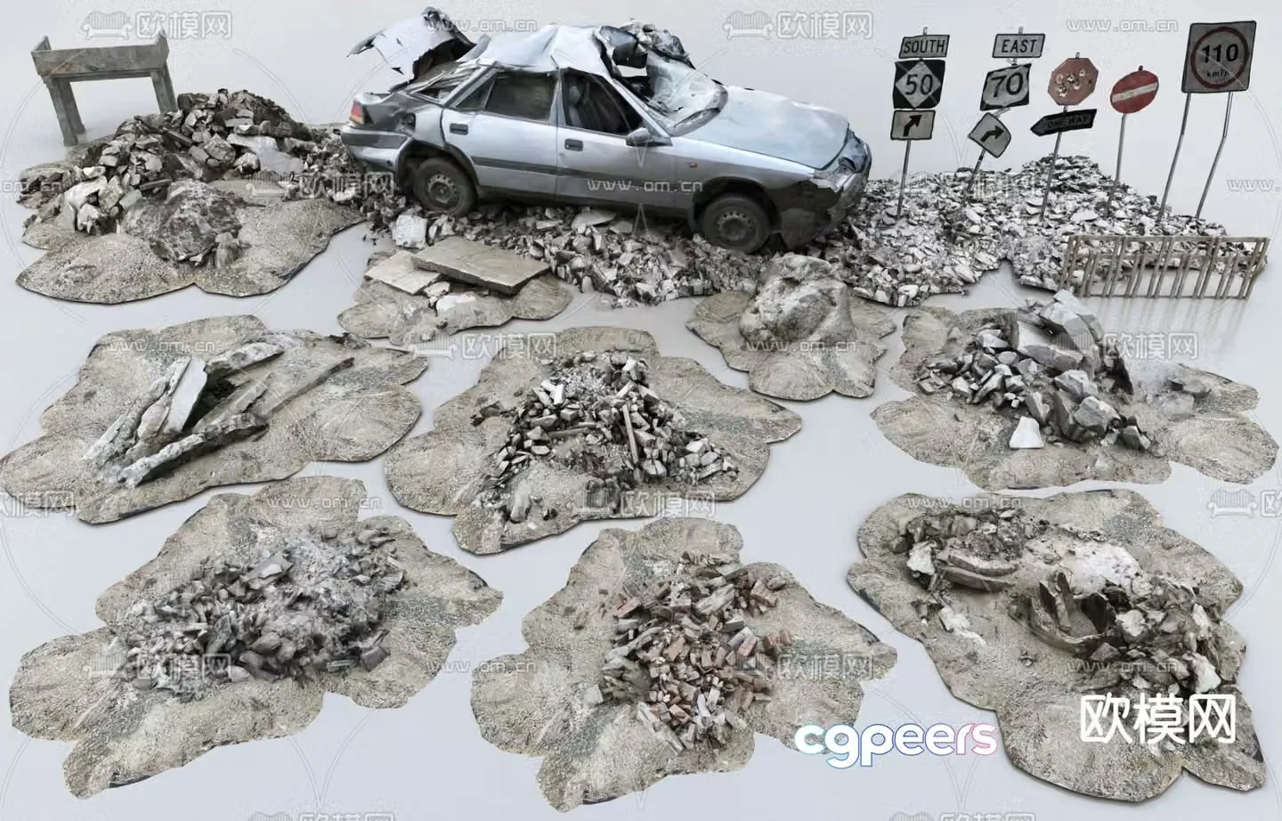 Ruin stone scrap car game scene stone 3d model