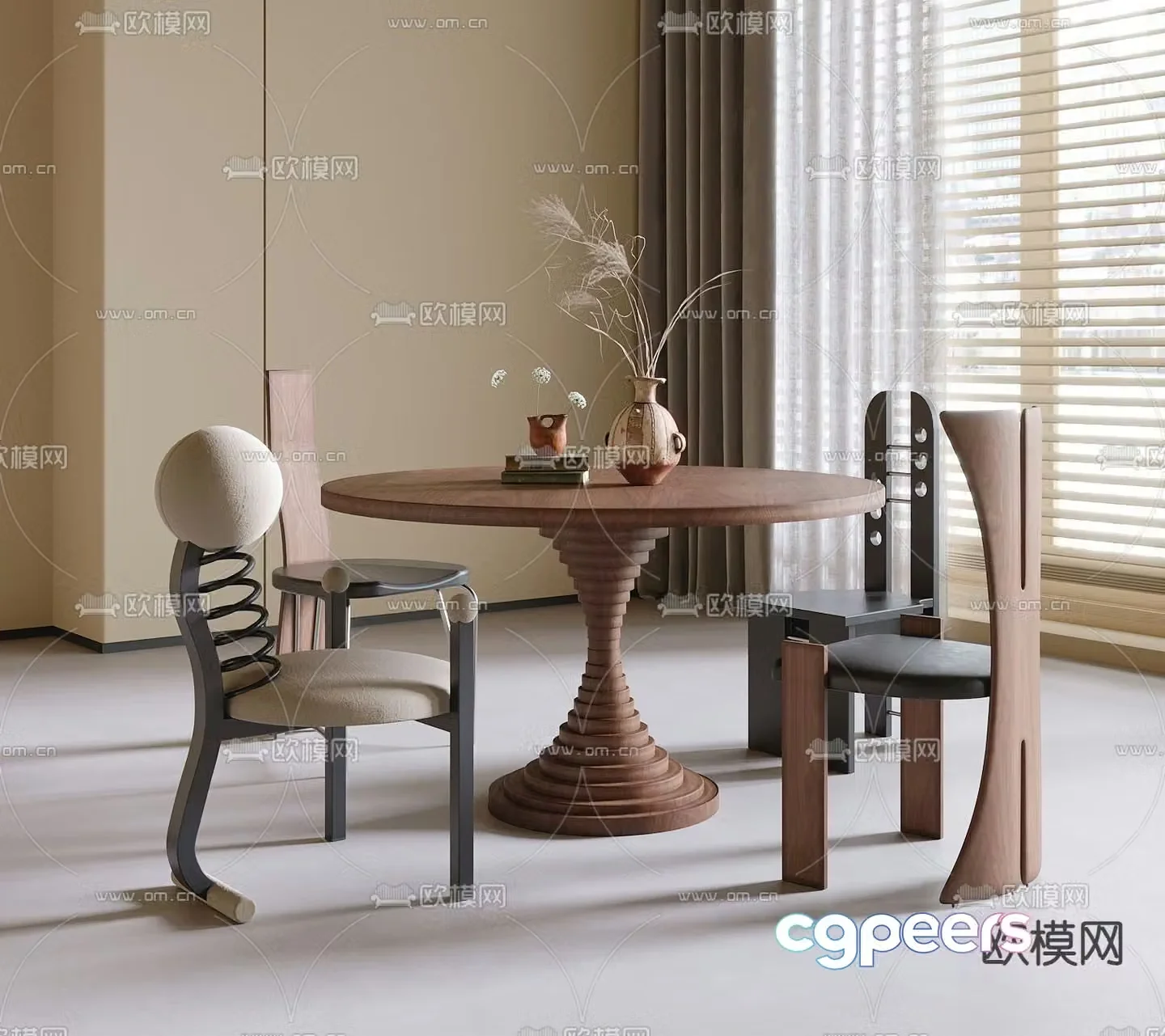 Medieval style dining table and chairs round dining table 3D model