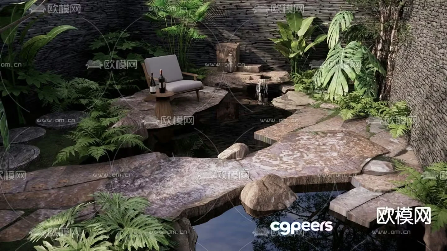 Overlapping water landscape plunge pool plant landscaping 3D model