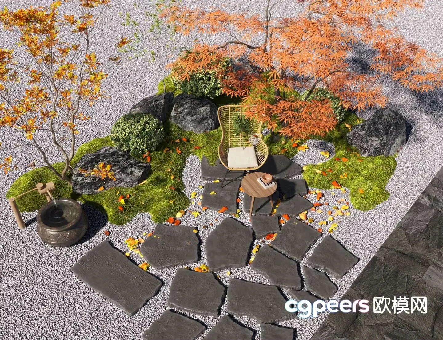 Courtyard landscape sketch moss red maple water bowl 3D model