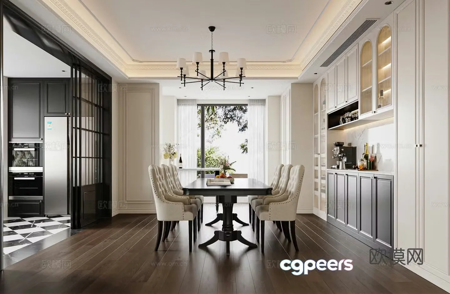 French restaurant American restaurant French sideboard American chandeliers French sliding door French kitchen 3d model