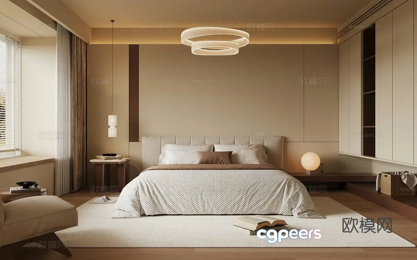Middle style bedroom double bed 3d model