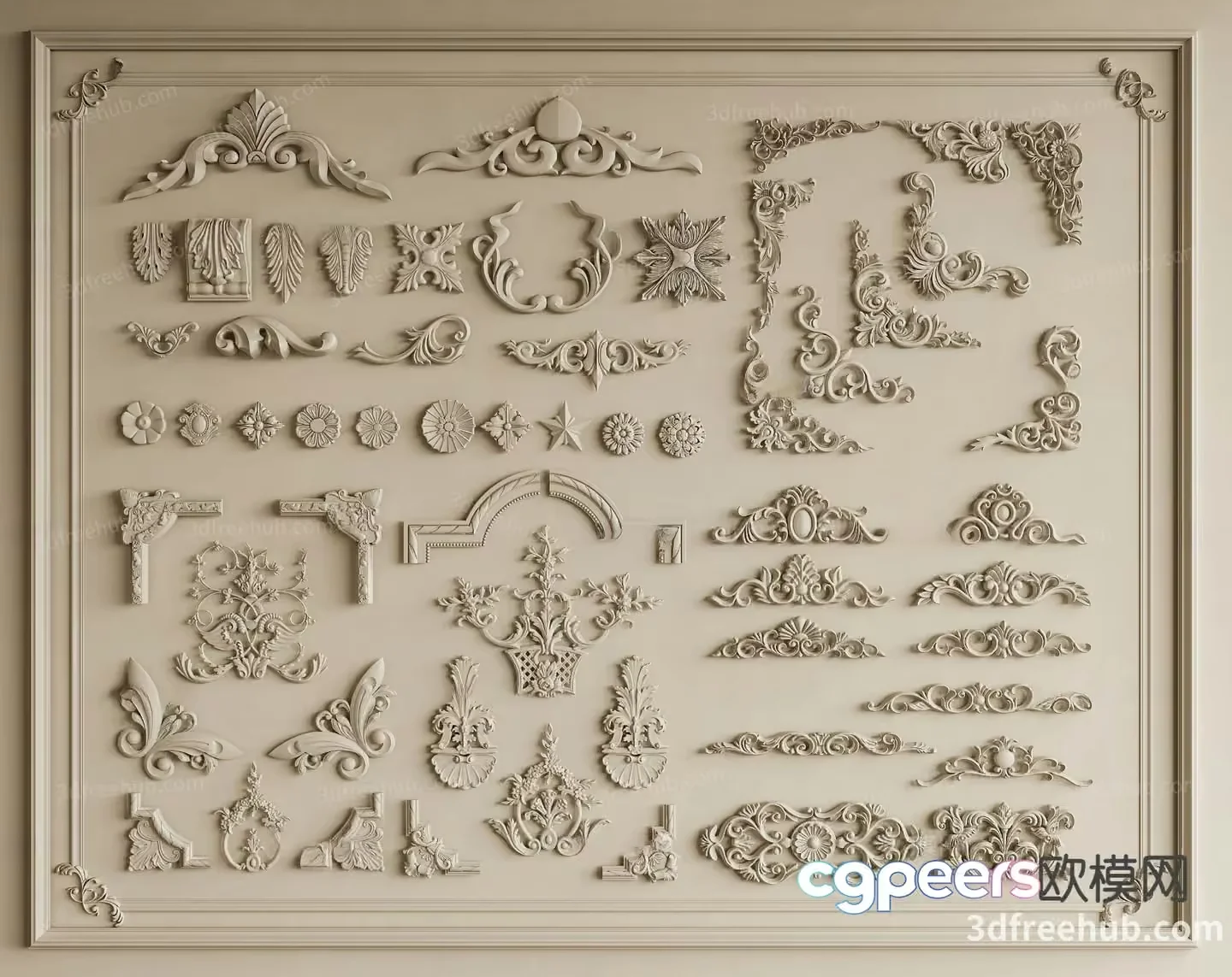 This Image Features A Collection Of Ornate White Plaster Moldings 3D Model – 19949 – VRAY Render