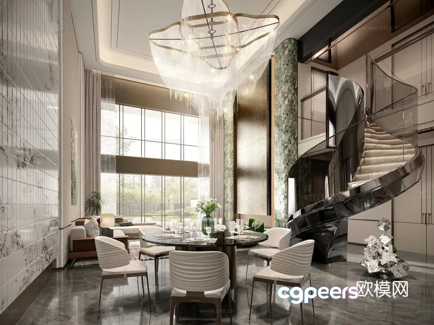 Modern villa living and dining room 3d model