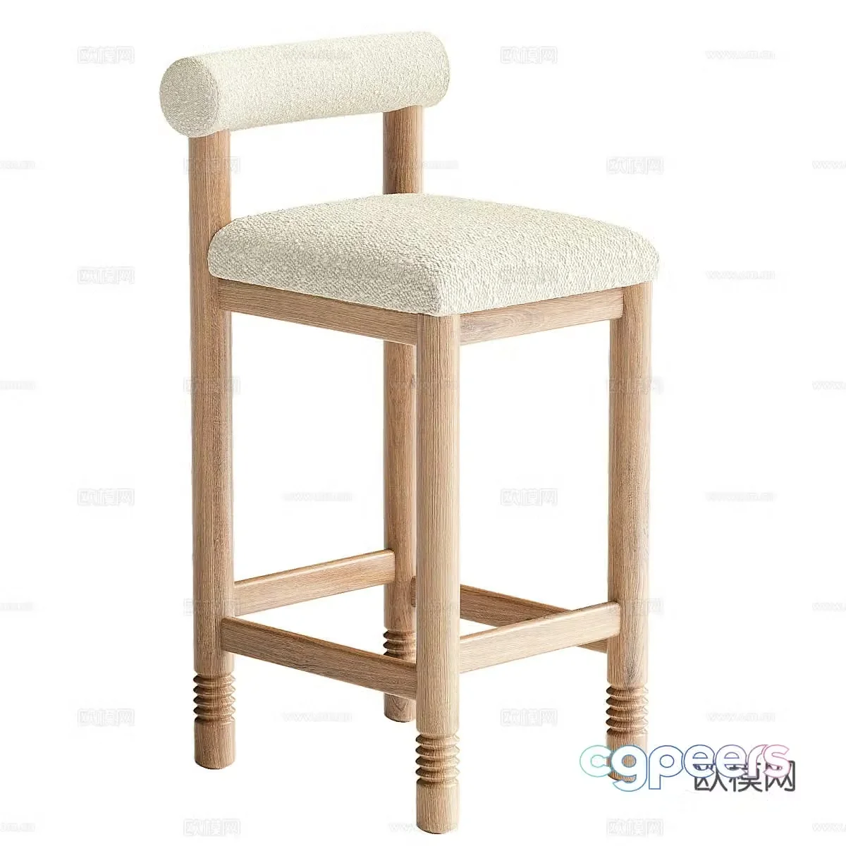 New Chinese style Waviva Revival Boucle Oak Bar Chair 3D Model