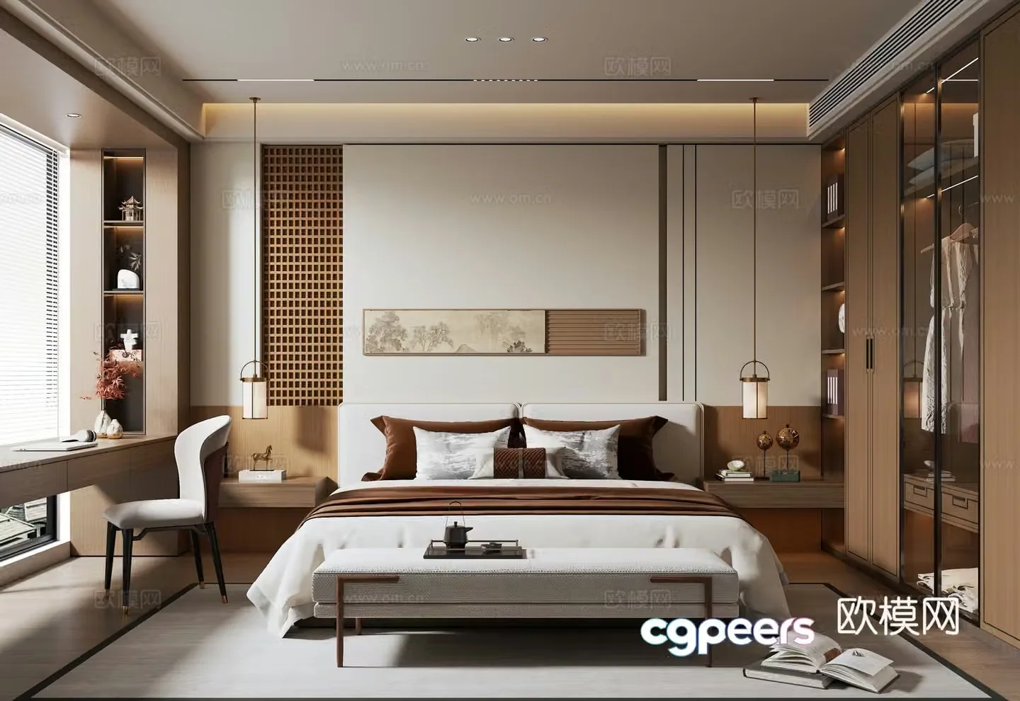 New Chinese style bedroom wardrobe background wall bay window desk wall lamp double bed 3d model