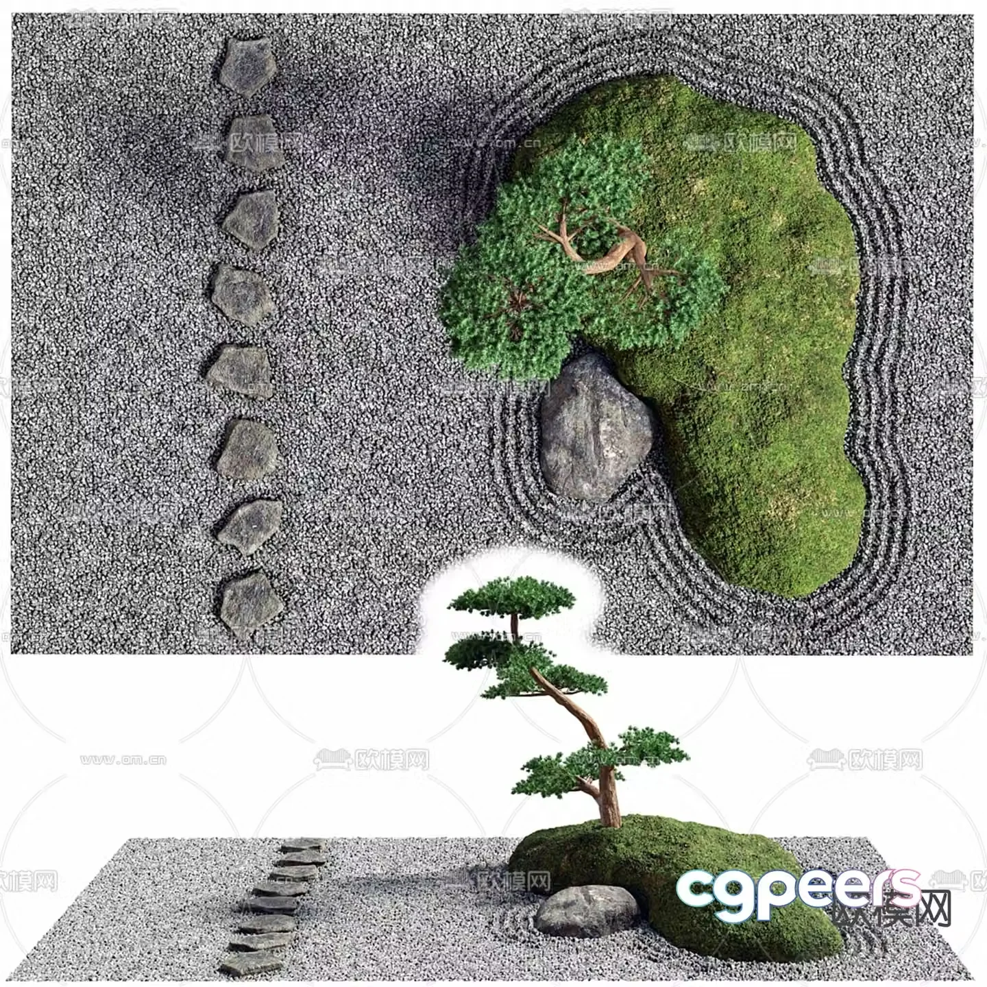 Courtyard landscape pine tree rockery gardening sketch 3d model
