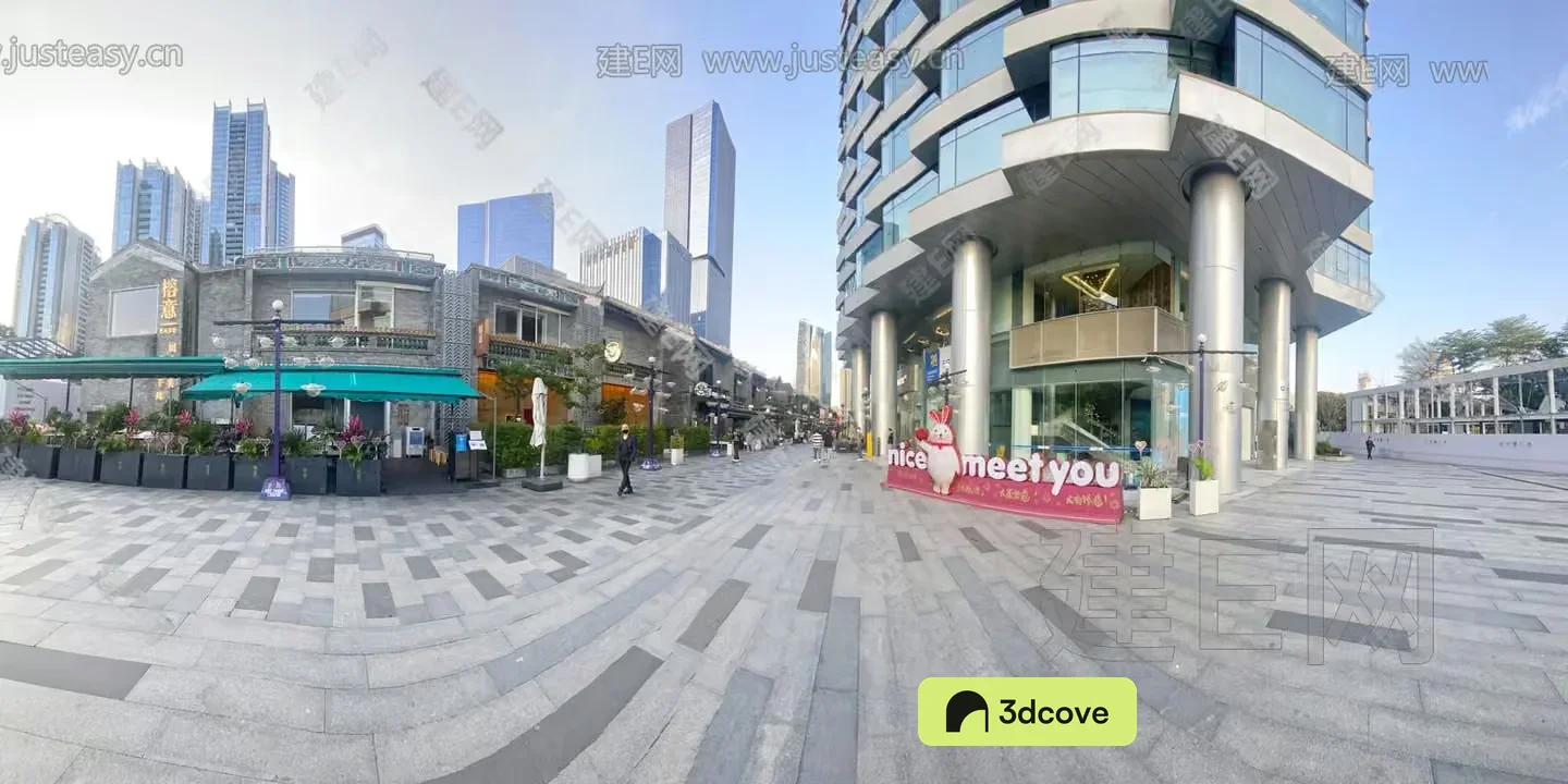 The Single Main Subject Is A City Street With A Modern Building And A Sign