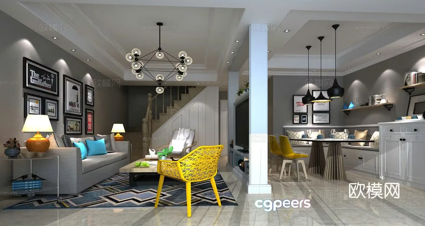 Modern living room sofa coffee table TV cabinet dining room dining table chairs 3D model