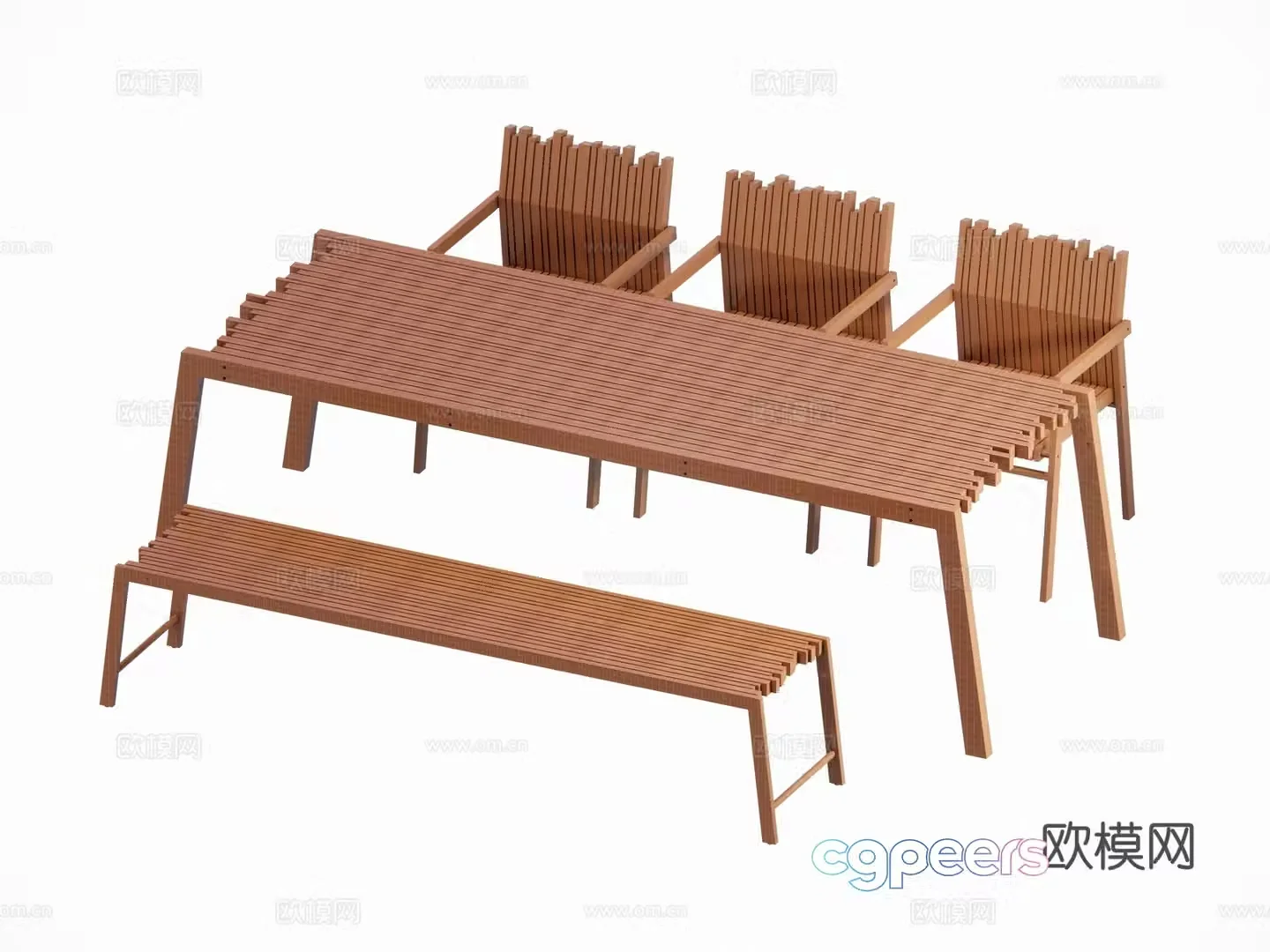 Modern outdoor courtyard garden solid wood teak dining table and chairs long table bench solid wood chair combination 3D model