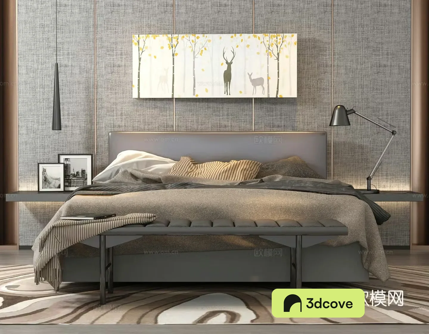 Modern double bed desk lamp hanging painting bedside table