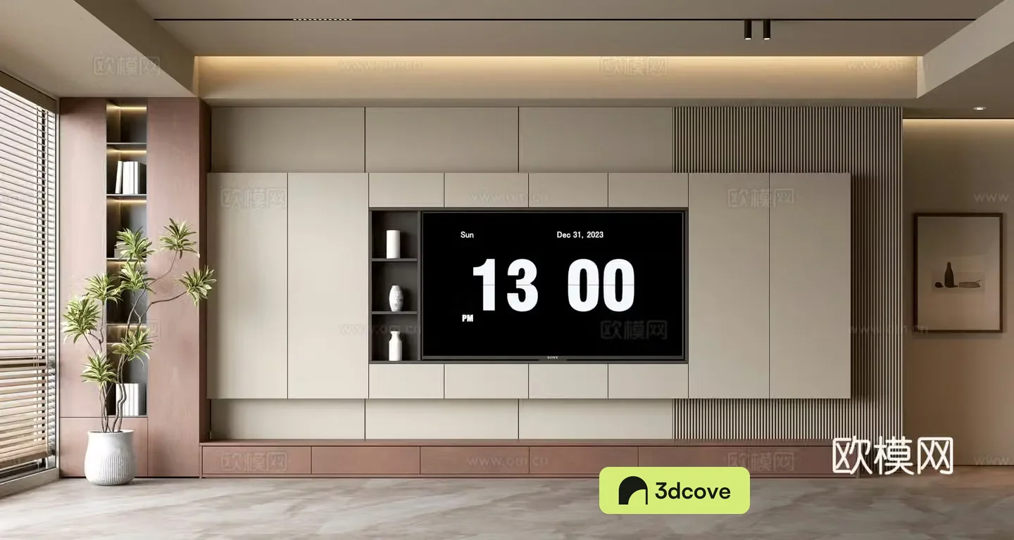 Middle-aged TV background wall 3d model