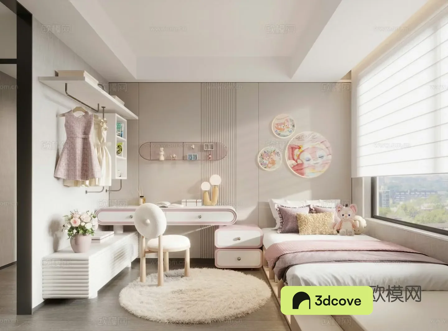 Bedroom Girls’ Room Children’s Room Lingnabelle Desk Furry Carpet Bedding Pillow