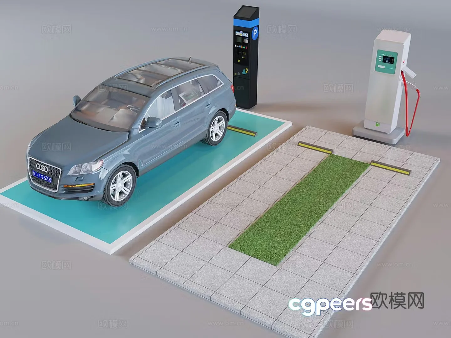 New energy vehicle charging station outdoor parking lot charging pile parking limit car block 3D model