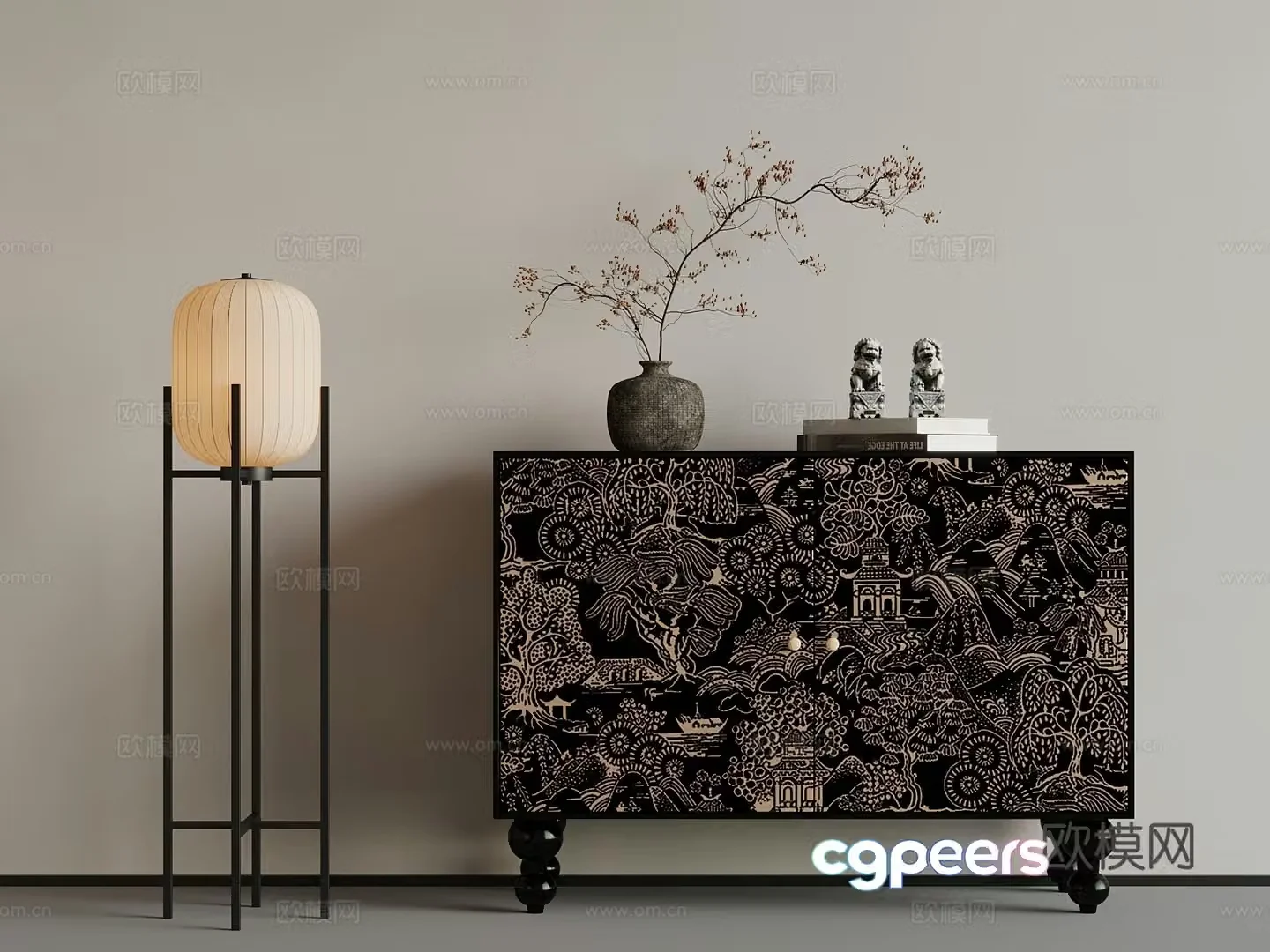 23 new Chinese style entrance cabinet decorative cabinet side cabinet floor lamp 3D model