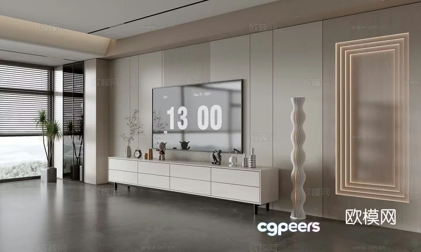 Modern simple living room light luxury TV background wall full wall TV cabinet wooden veneer background wall 3d model