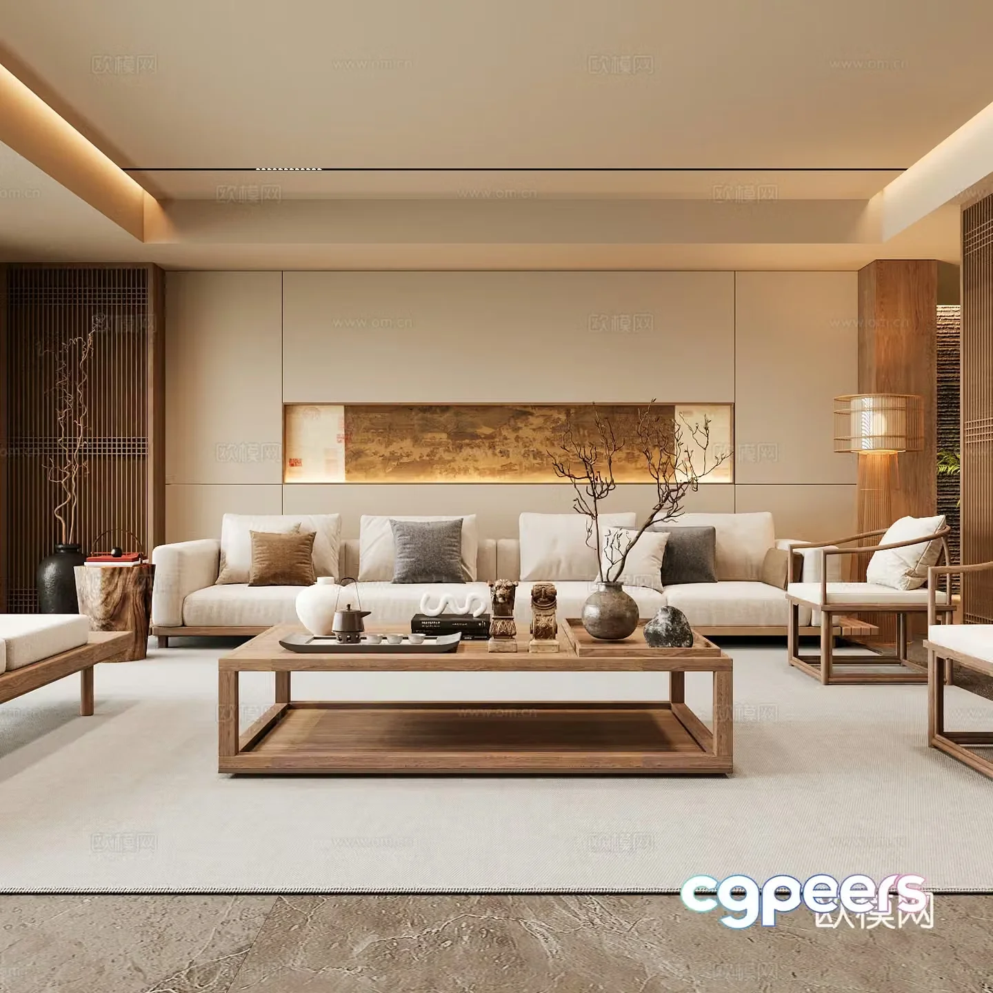 New Chinese Song style living room Chinese sofa combination Song style aesthetics Solid wood coffee table Chinese background 3D model