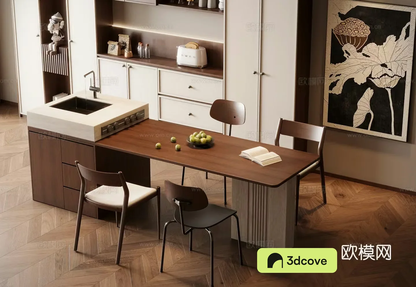Medium style island dining table 3D model