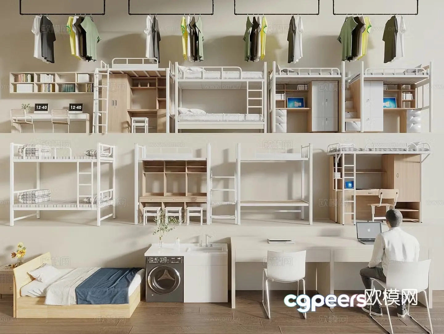 Modern log wind high and low bed bunk bed bunk bed dormitory single bed 3D model