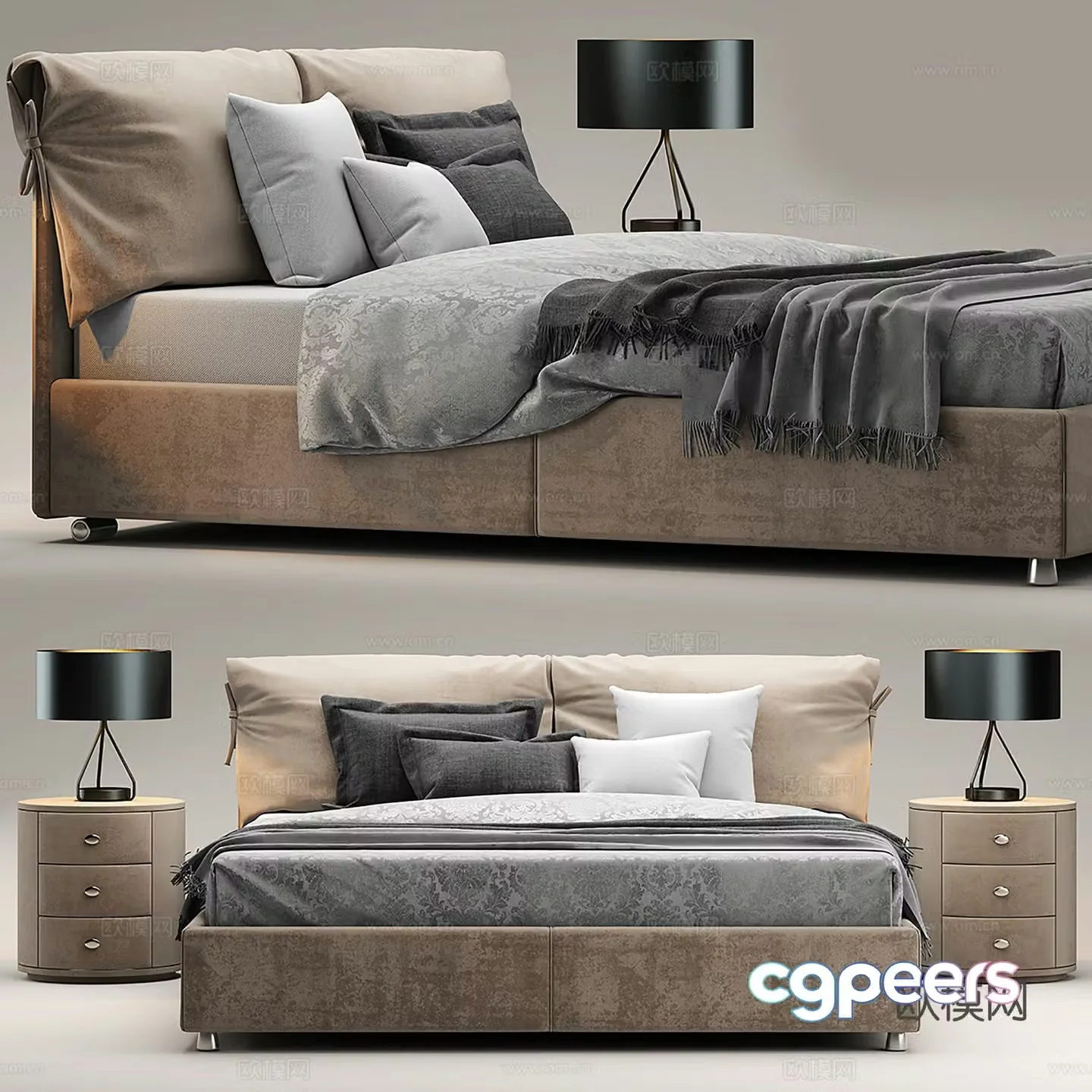 Modern double bed fabric bed bed night counter lamp combination 3D model