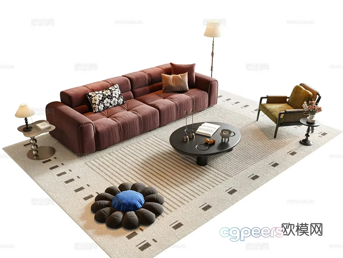 French and medieval sofa tea table combination multi-person sofa combination sofa straight sofa round coffee table 3D model