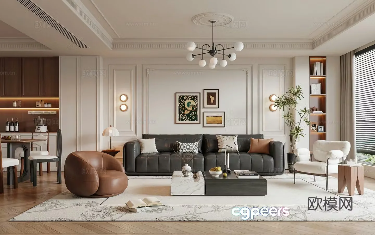 French retro living and dining room 3d model