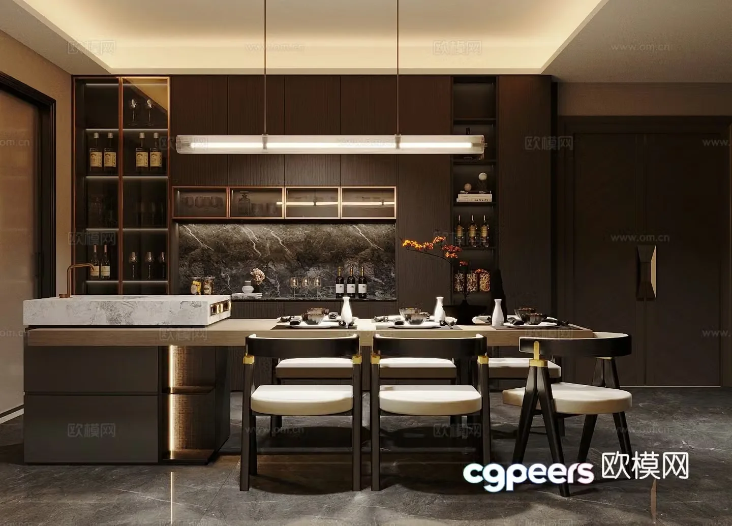 Modern light luxury home restaurant Island restaurant Dining table and chair combination Sideboard 3D model