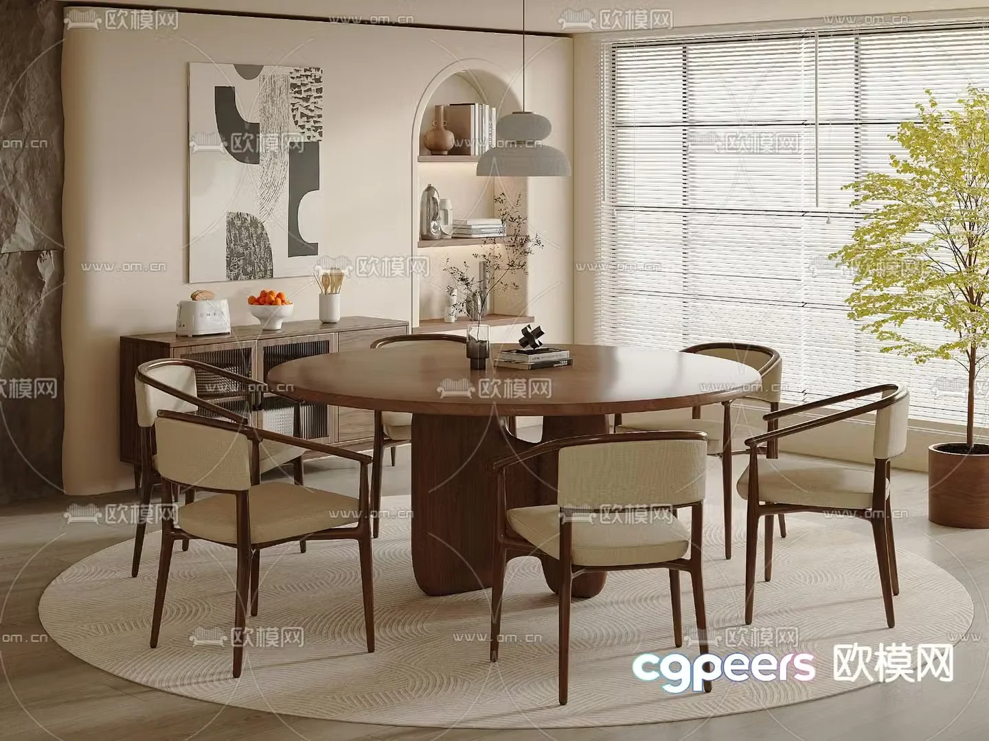 Medium style dining table and chairs round dining table 3D model