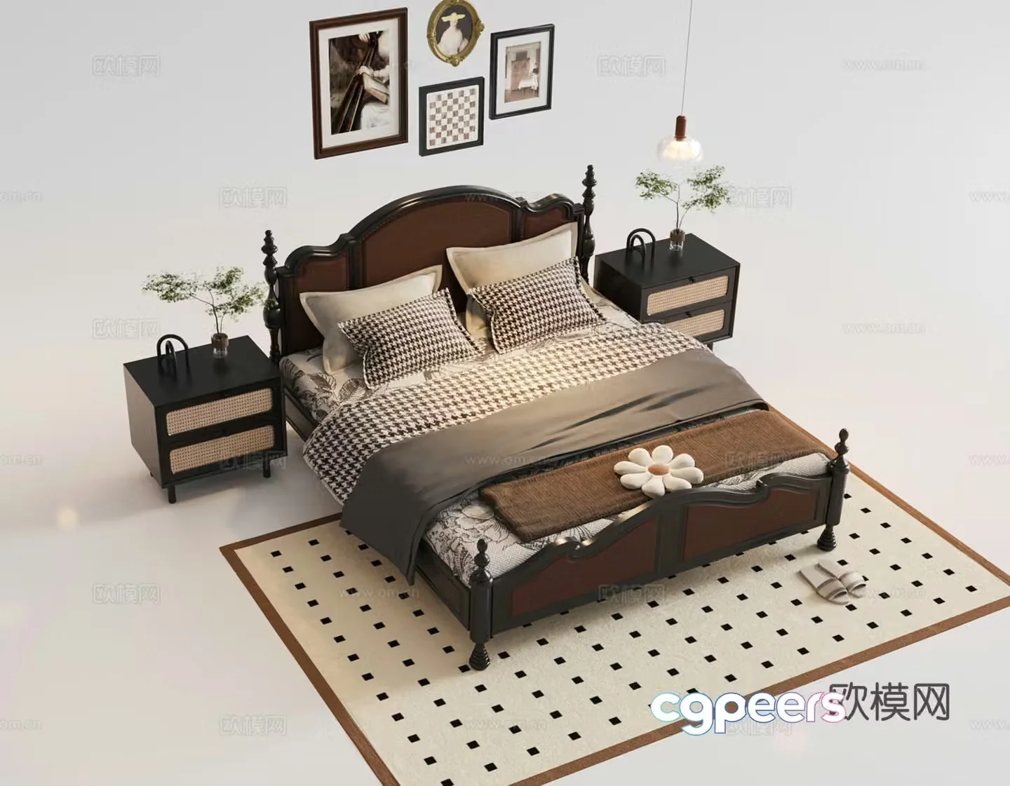 French retro double bed master bedroom bed nightstand decorative painting carpet 3d model