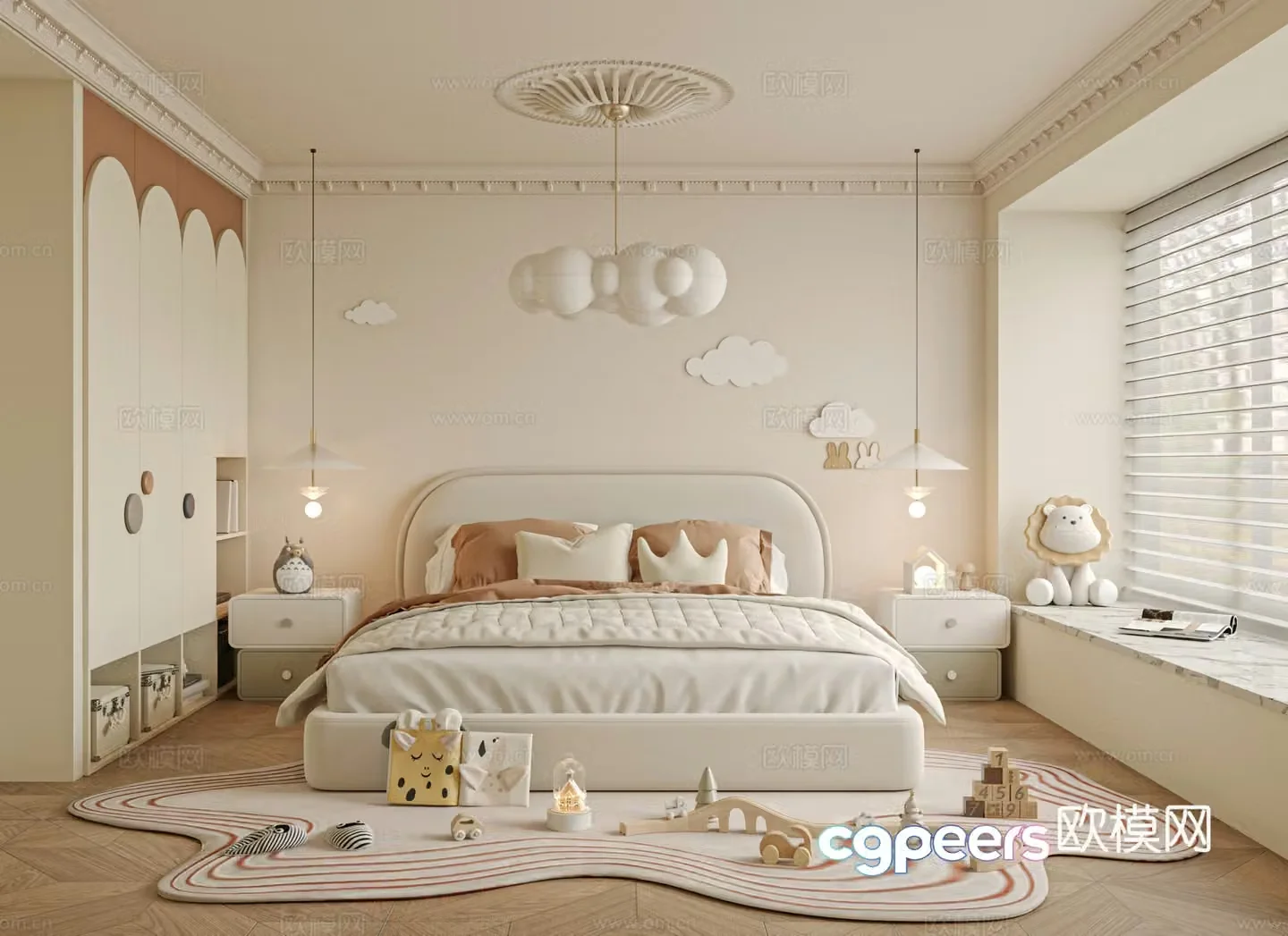 French children’s room bedroom bed nightstand 3d model
