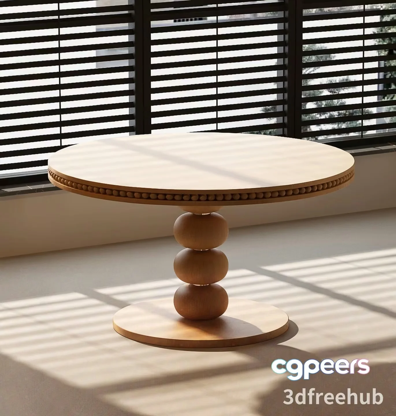 A Round Table With A Light-Colored Top And Three Brown Legs 3D Model – 21572 – VRAY Render