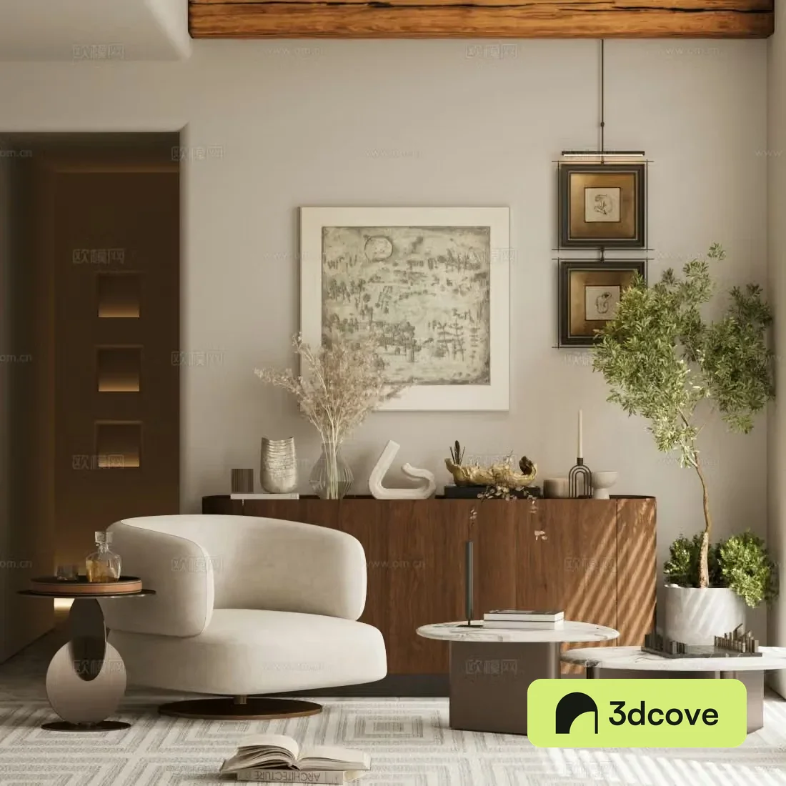 Middle-aged leisure chair chest of drawers hanging paintings 3D model