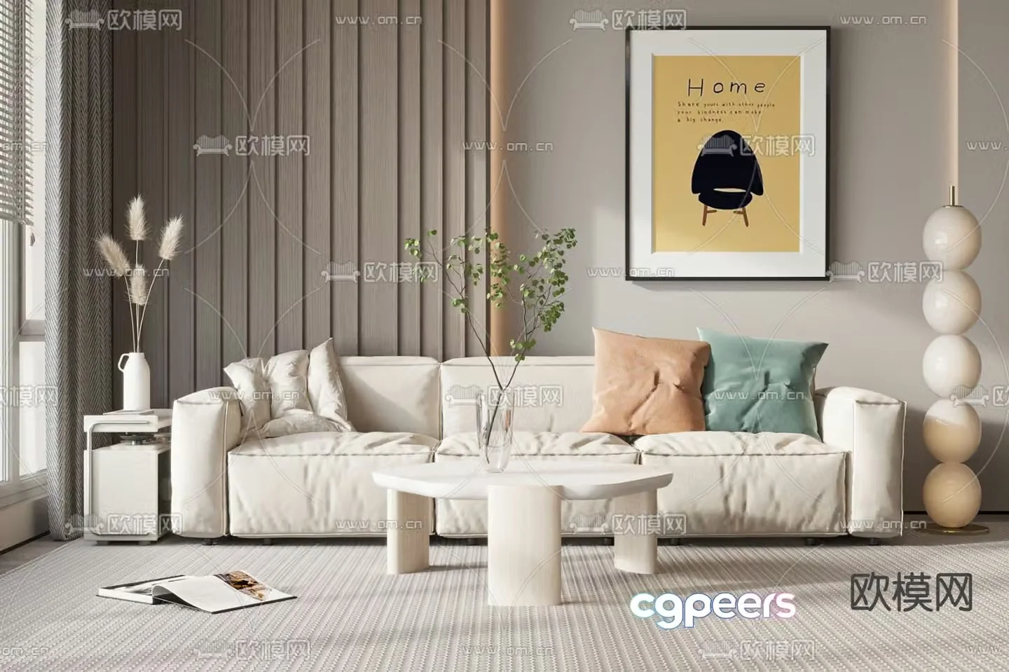 Modern upholstered sofa three-person sofa 3D model