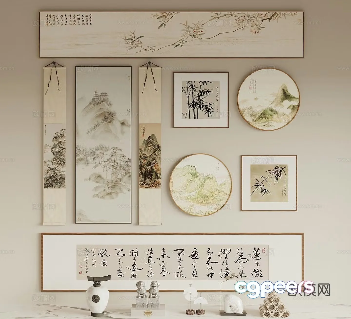 New Chinese style hanging paintings calligraphy and painting round hanging paintings study hanging paintings tea room hanging paintings 3D model