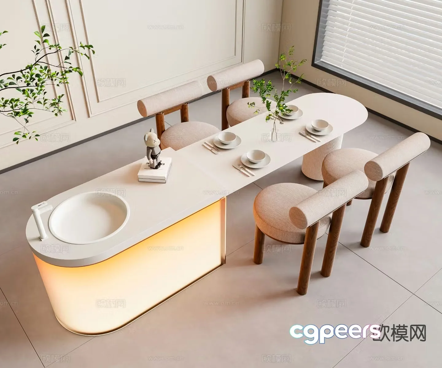 Modern island table dining table and chairs 3d model