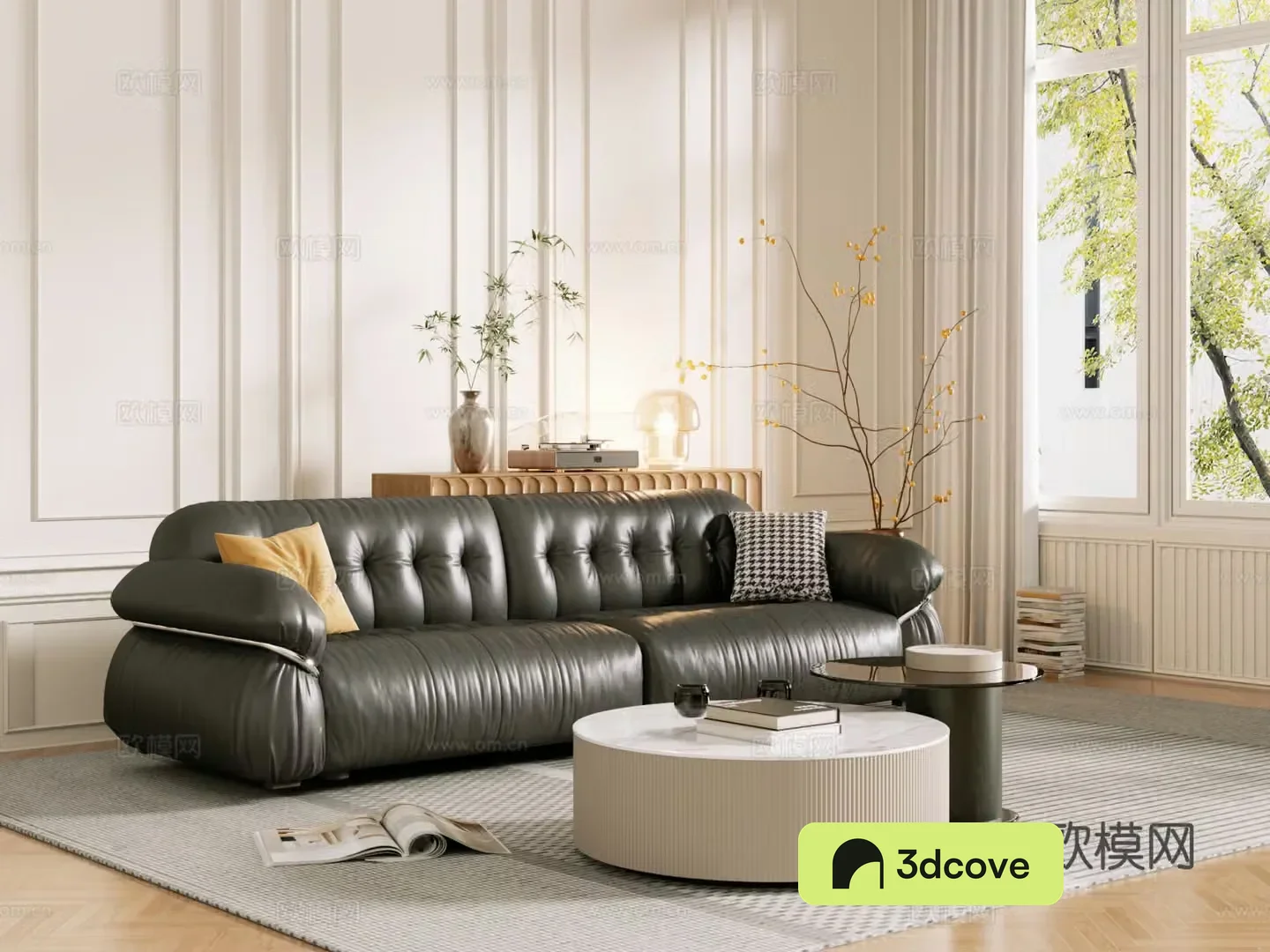 Middle-aged sofa combination coffee table carpet multi-person sofa 3D model