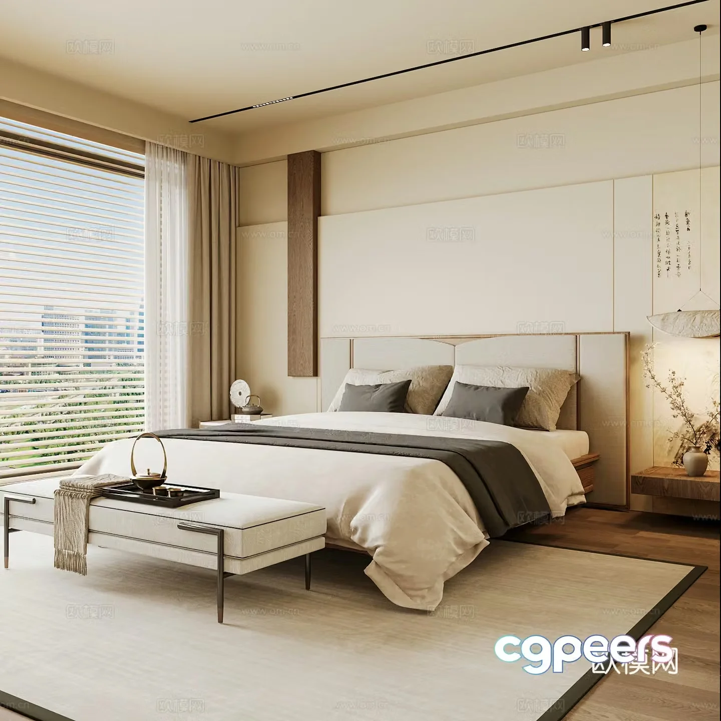 New Chinese style home bedroom Song family aesthetic bedroom Song style bedroom New Chinese style double bed 3D model