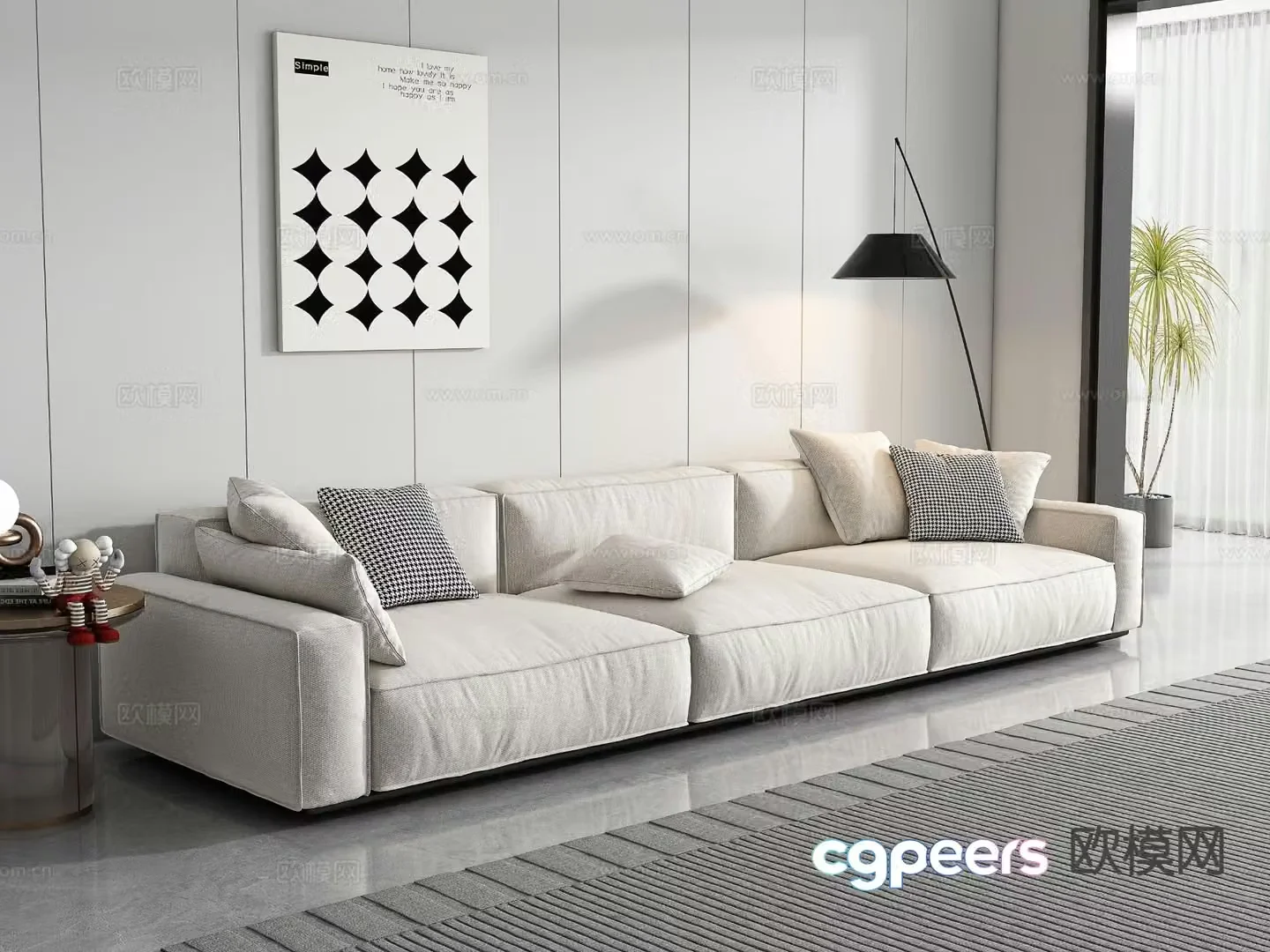 Modern three-person sofa fabric sofa 3d model