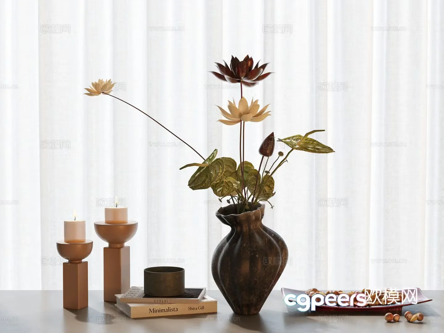 New Chinese style vase flower art lotus dry branch lotus candle ornament vase book ornament 3D model
