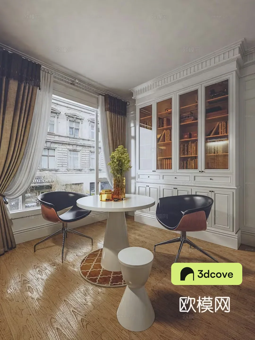 French study table and chair French bookcase American study leisure table and chair Simple small round table leather rest