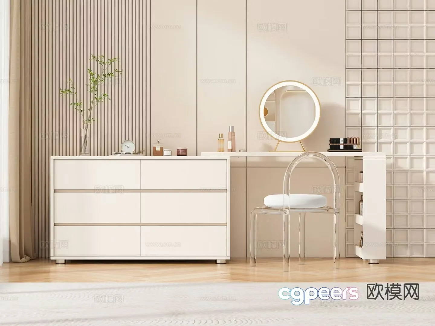 Cream style dresser storage cabinet integrated 3d model