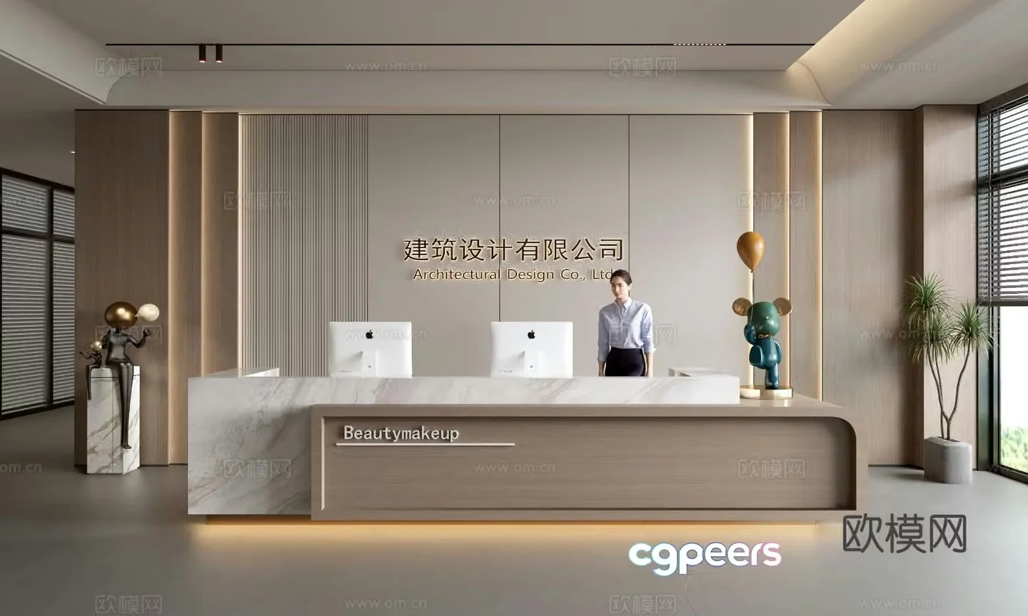 Modern company front desk reception area bar reception desk service desk company front desk background 3D model